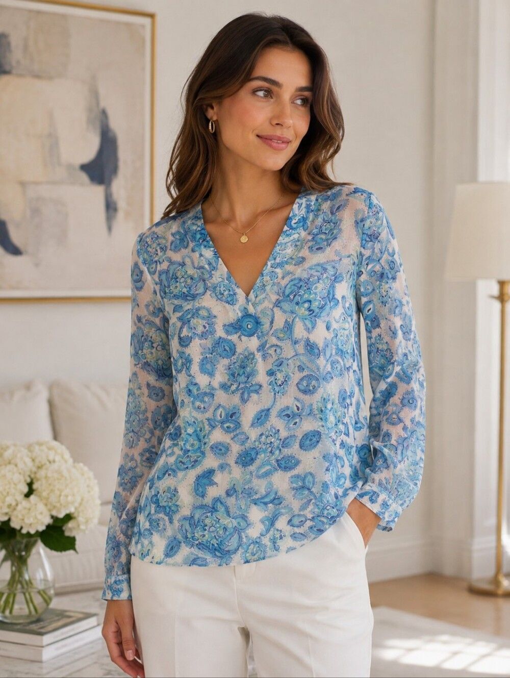 L.K. Bennett Blue Floral Sheer Batiste Blouse Tunic Top US 6